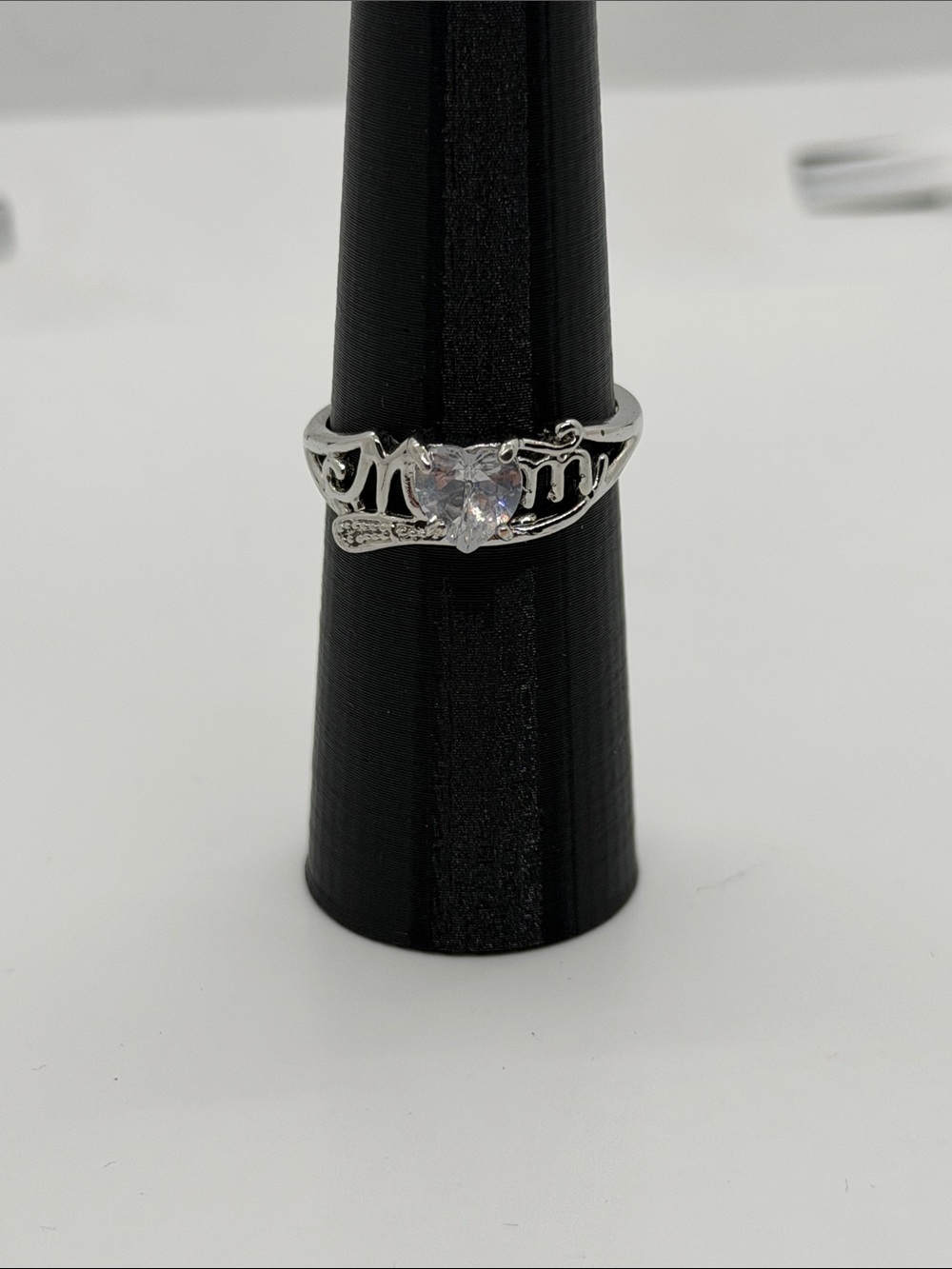 Silver Heart-Center Mom Ring - Sparkling Clear Stone size 10